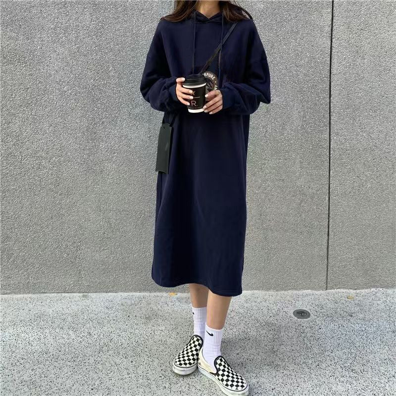 Cozy Hooded Pullover Maxi Dress | Mid - Length Fleece Lined Dress with Side Slits(MS137) - Mariam's Collection