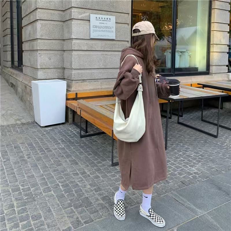 Cozy Hooded Pullover Maxi Dress | Mid - Length Fleece Lined Dress with Side Slits(MS137) - Mariam's Collection