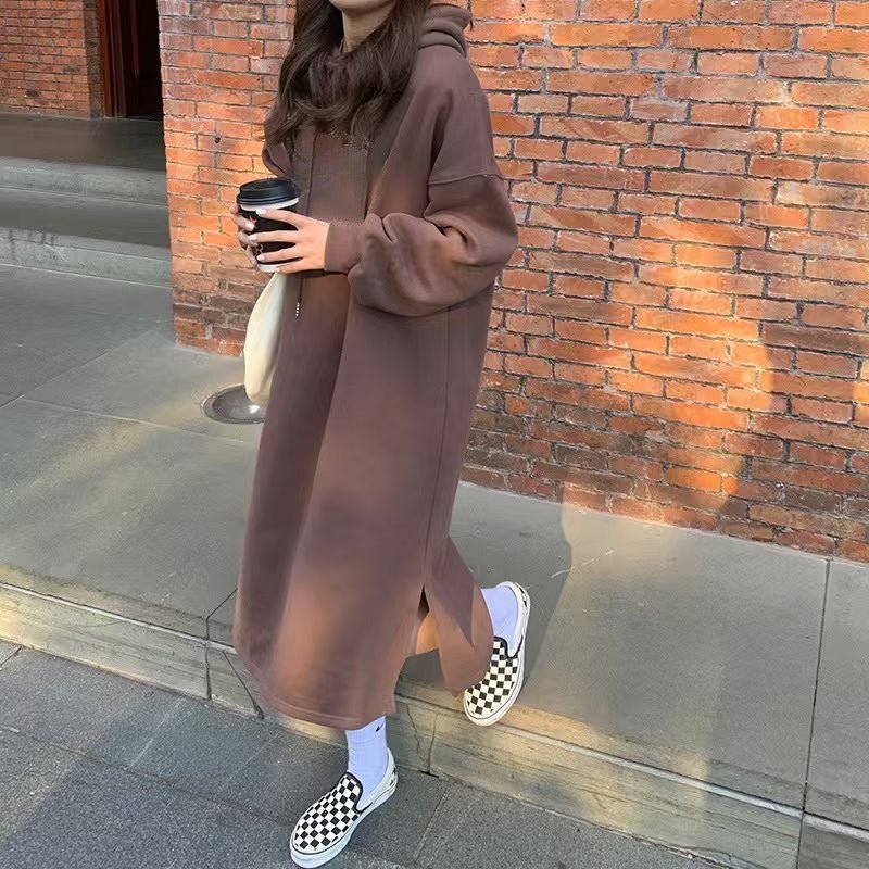Cozy Hooded Pullover Maxi Dress | Mid - Length Fleece Lined Dress with Side Slits(MS137) - Mariam's Collection