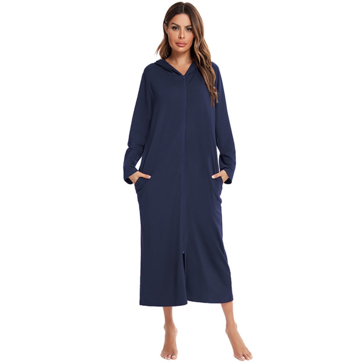 Cozy Longline Zip - Up Cardigan with Pockets | Home Wear Comfort(MS110) - Mariam's Collection
