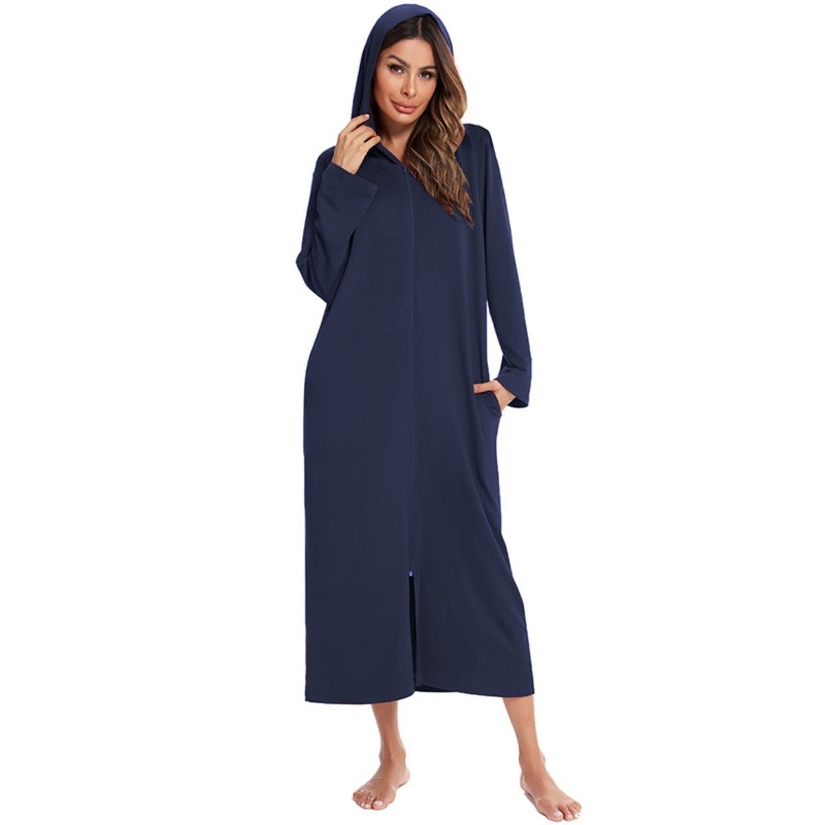 Cozy Longline Zip - Up Cardigan with Pockets | Home Wear Comfort(MS110) - Mariam's Collection