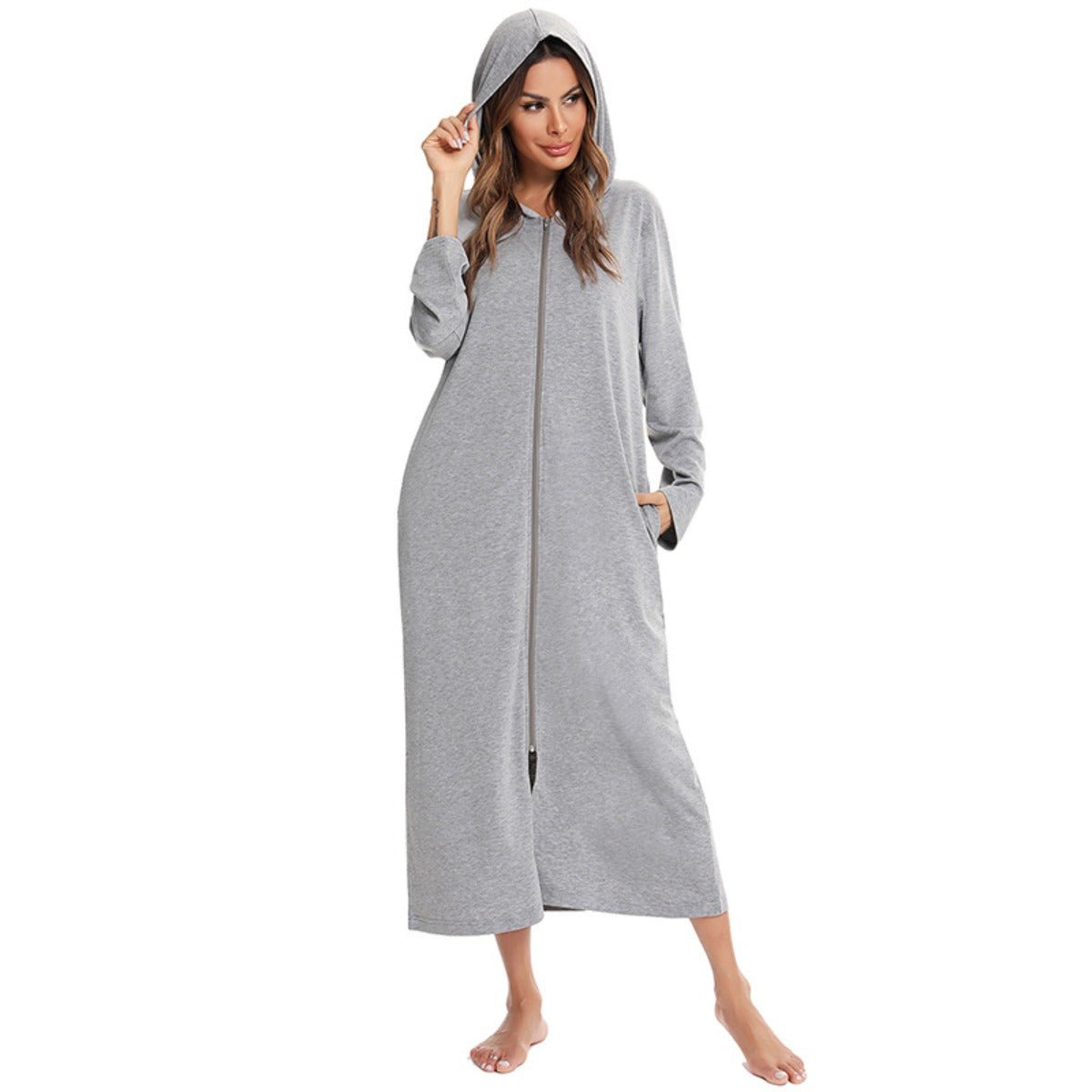 Cozy Longline Zip - Up Cardigan with Pockets | Home Wear Comfort(MS110) - Mariam's Collection