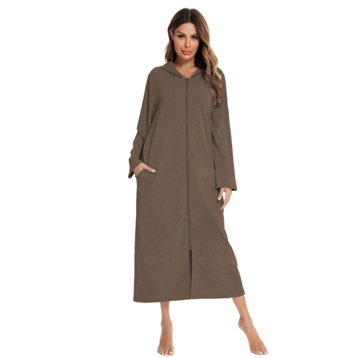 Cozy Longline Zip - Up Cardigan with Pockets | Home Wear Comfort(MS110) - Mariam's Collection