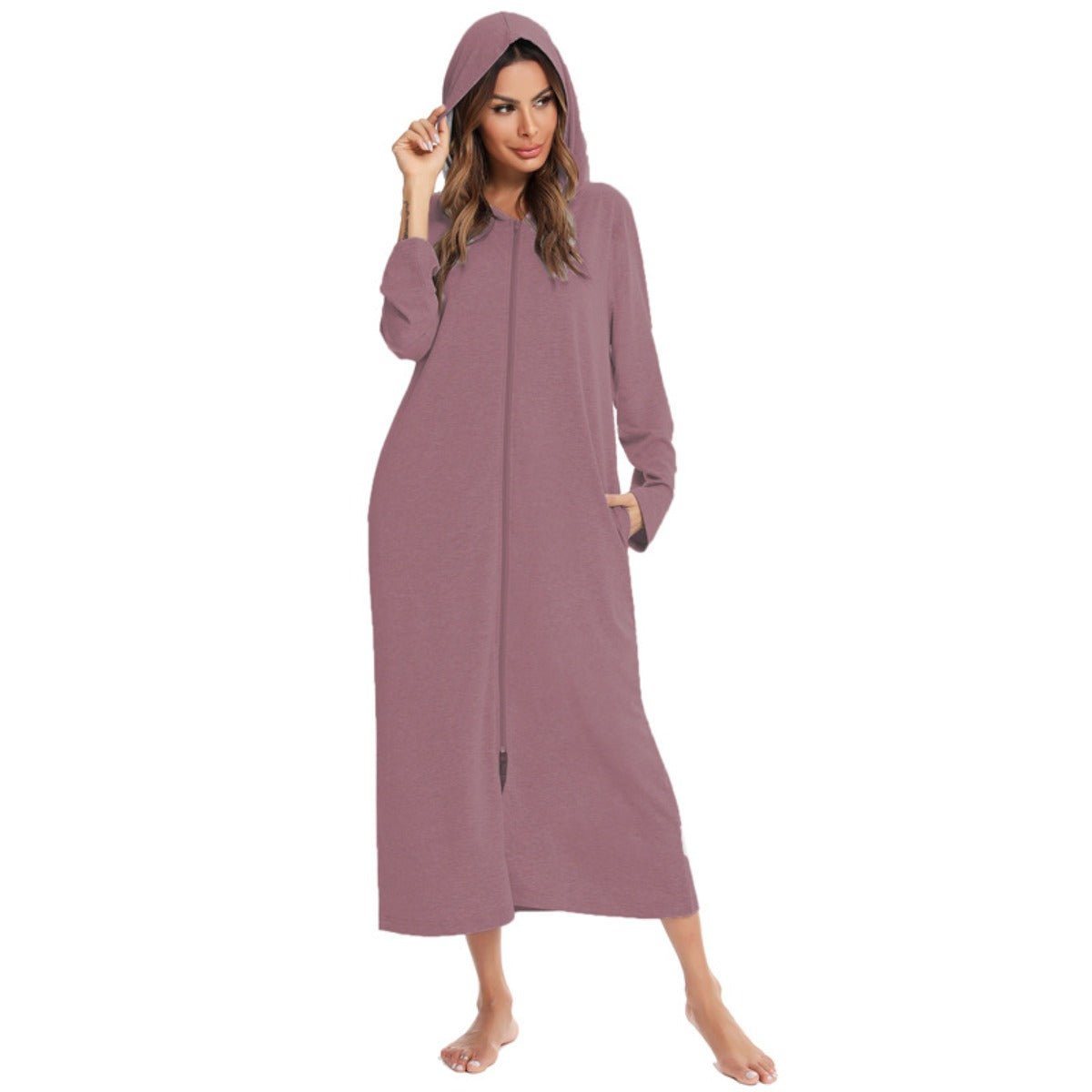 Cozy Longline Zip - Up Cardigan with Pockets | Home Wear Comfort(MS110) - Mariam's Collection