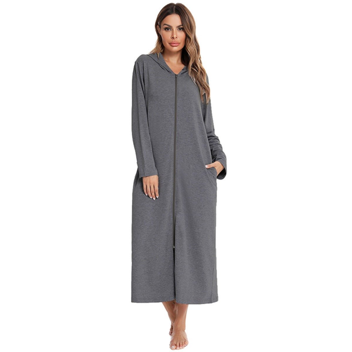 Cozy Longline Zip - Up Cardigan with Pockets | Home Wear Comfort(MS110) - Mariam's Collection