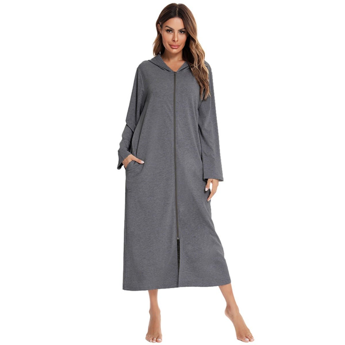 Cozy Longline Zip - Up Cardigan with Pockets | Home Wear Comfort(MS110) - Mariam's Collection