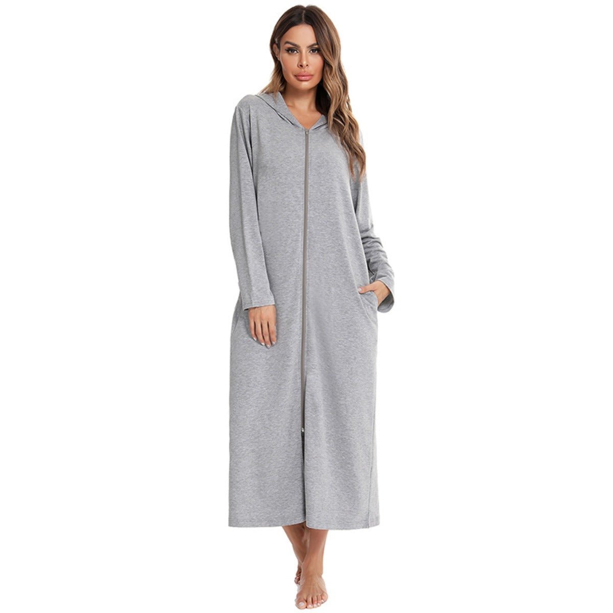 Cozy Longline Zip - Up Cardigan with Pockets | Home Wear Comfort(MS110) - Mariam's Collection