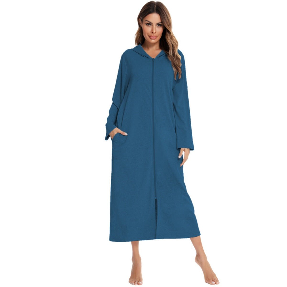 Cozy Longline Zip - Up Cardigan with Pockets | Home Wear Comfort(MS110) - Mariam's Collection