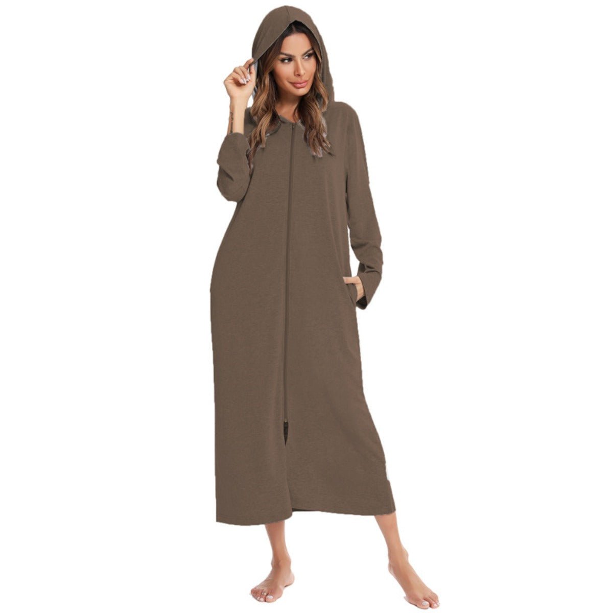Cozy Longline Zip - Up Cardigan with Pockets | Home Wear Comfort(MS110) - Mariam's Collection