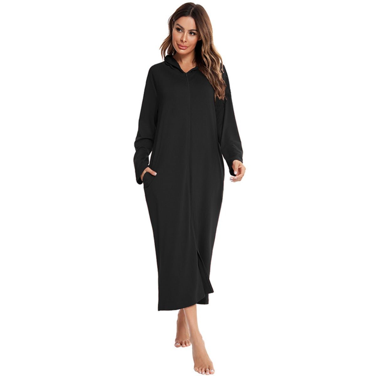 Cozy Longline Zip - Up Cardigan with Pockets | Home Wear Comfort(MS110) - Mariam's Collection