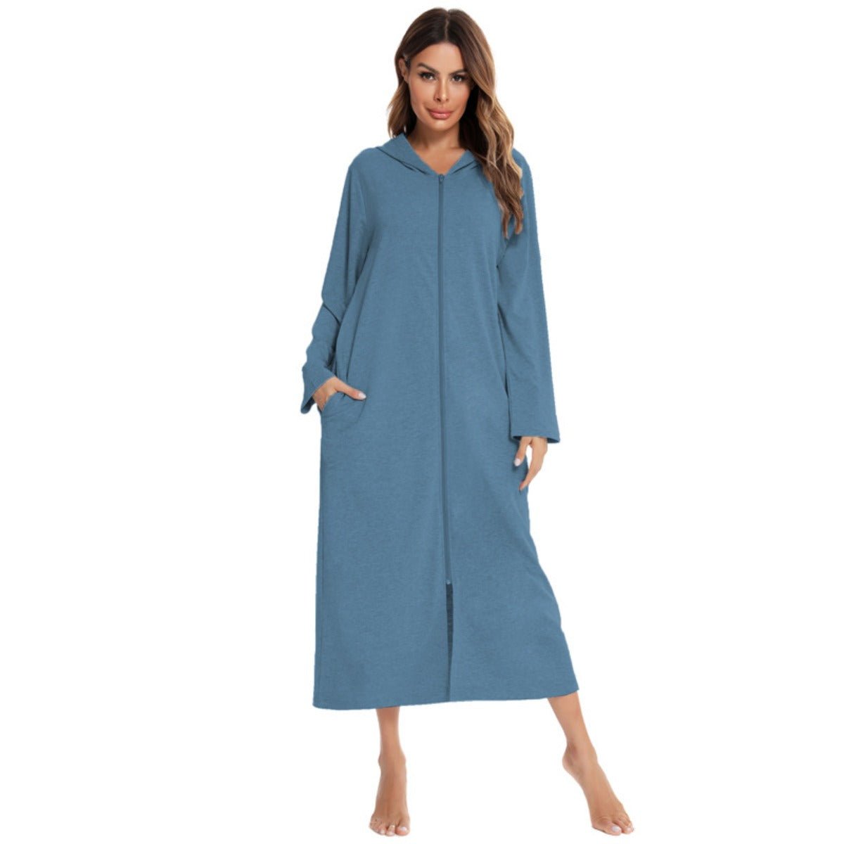 Cozy Longline Zip - Up Cardigan with Pockets | Home Wear Comfort(MS110) - Mariam's Collection