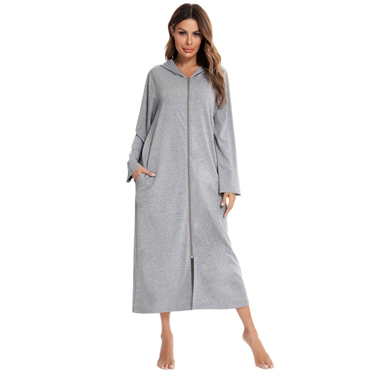Cozy Longline Zip - Up Cardigan with Pockets | Home Wear Comfort(MS110) - Mariam's Collection