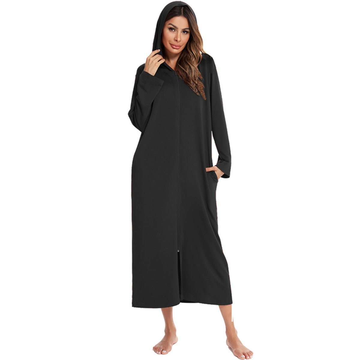 Cozy Longline Zip - Up Cardigan with Pockets | Home Wear Comfort(MS110) - Mariam's Collection