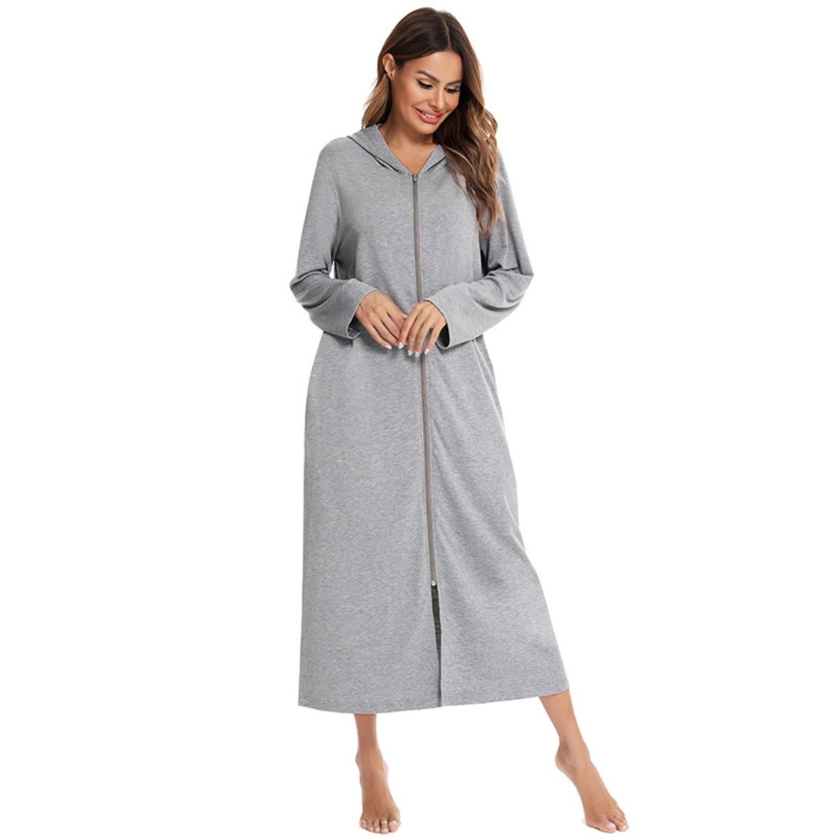 Cozy Longline Zip - Up Cardigan with Pockets | Home Wear Comfort(MS110) - Mariam's Collection