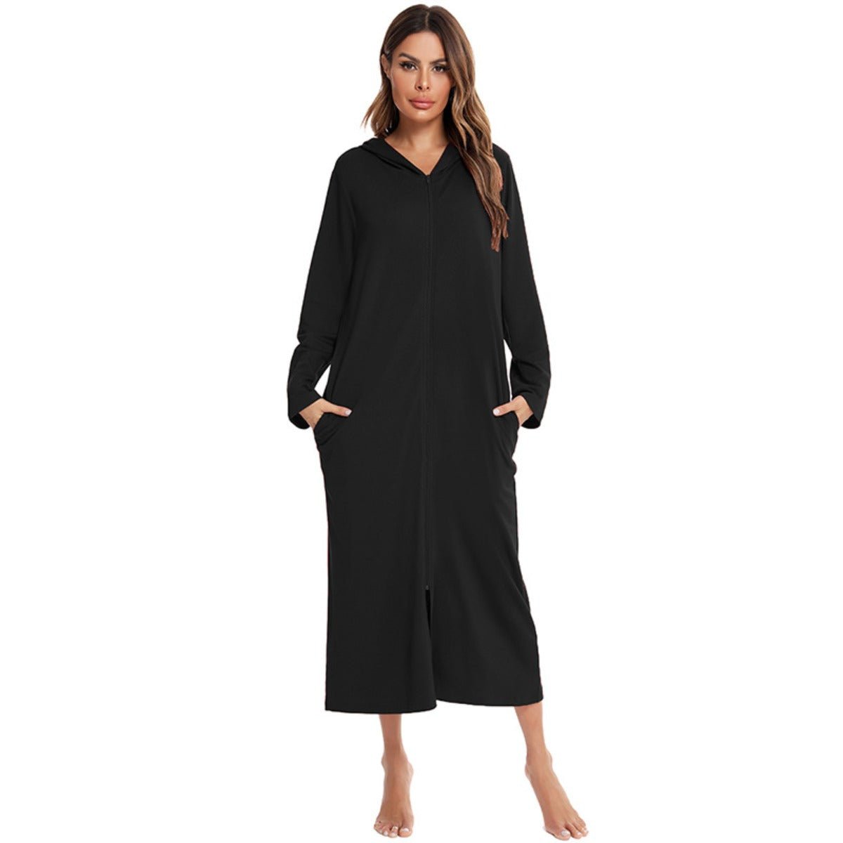 Cozy Longline Zip - Up Cardigan with Pockets | Home Wear Comfort(MS110) - Mariam's Collection