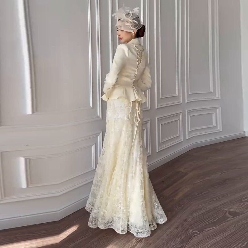 Cream Peplum Jacket & Lace Skirt Set(MS284) - Mariam's Collection
