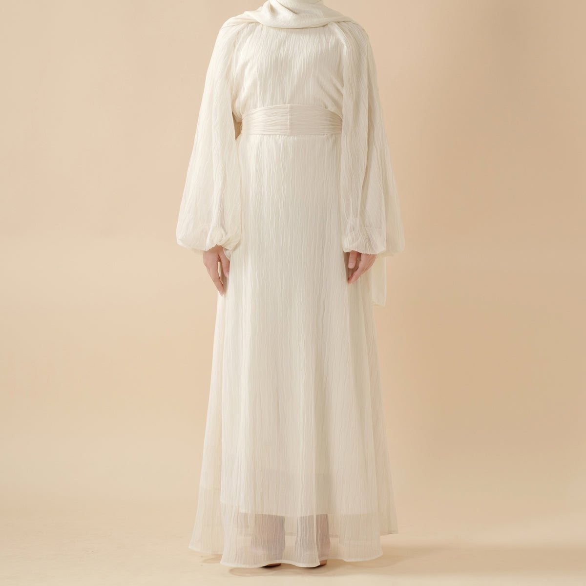 Cream White Puff Sleeves Abaya | Pleat Textured Maxi Dress Abaya (MA152) - Mariam's Collection