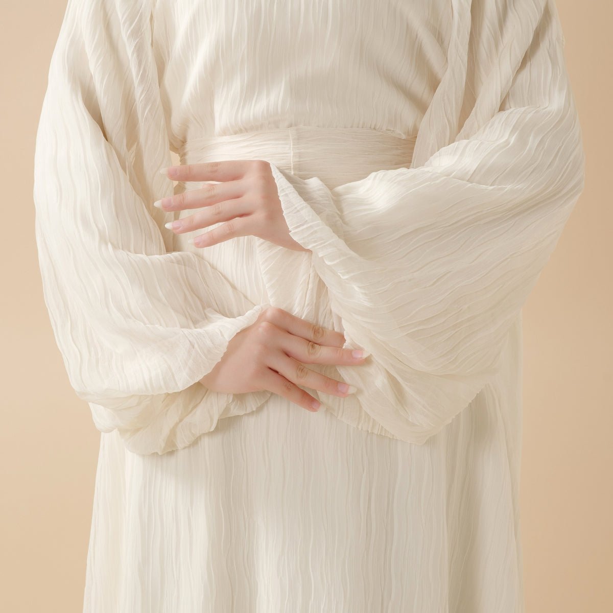 Cream White Puff Sleeves Abaya | Pleat Textured Maxi Dress Abaya (MA152) - Mariam's Collection