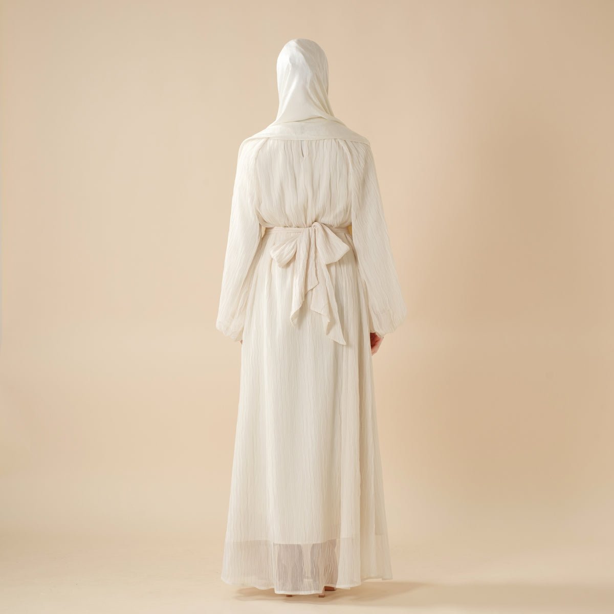 Cream White Puff Sleeves Abaya | Pleat Textured Maxi Dress Abaya (MA152) - Mariam's Collection
