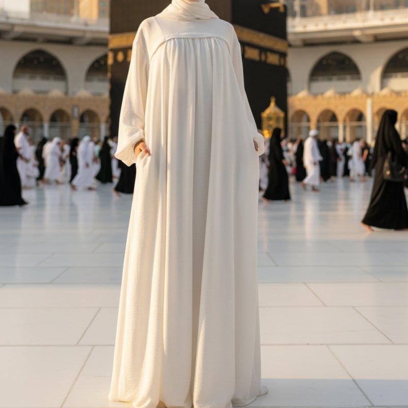 Crepe Abaya with Secure Pockets for Hajj & Umrah (MA386) - Mariam's Collection