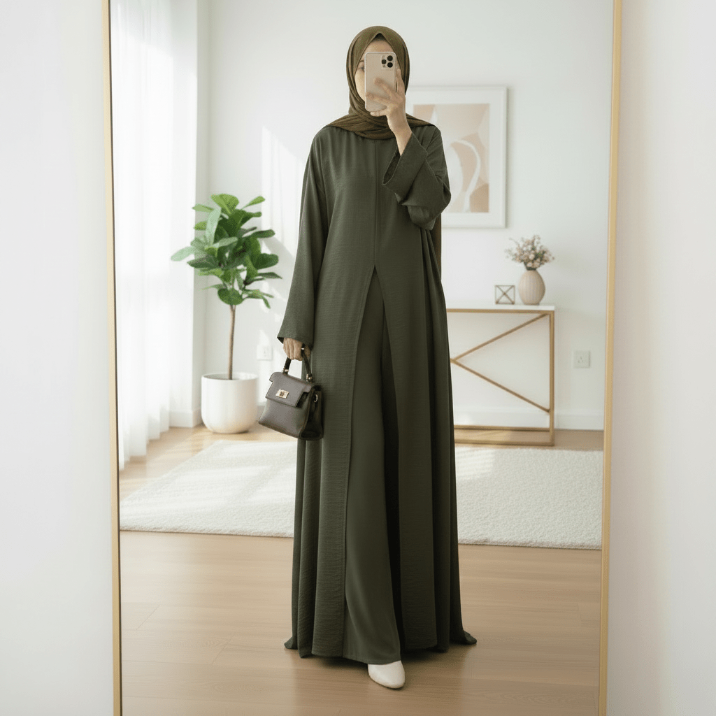 Crepe Multi-Slit Abaya Set | Wide-Leg Pants with Pockets (MA436) - Mariam's Collection