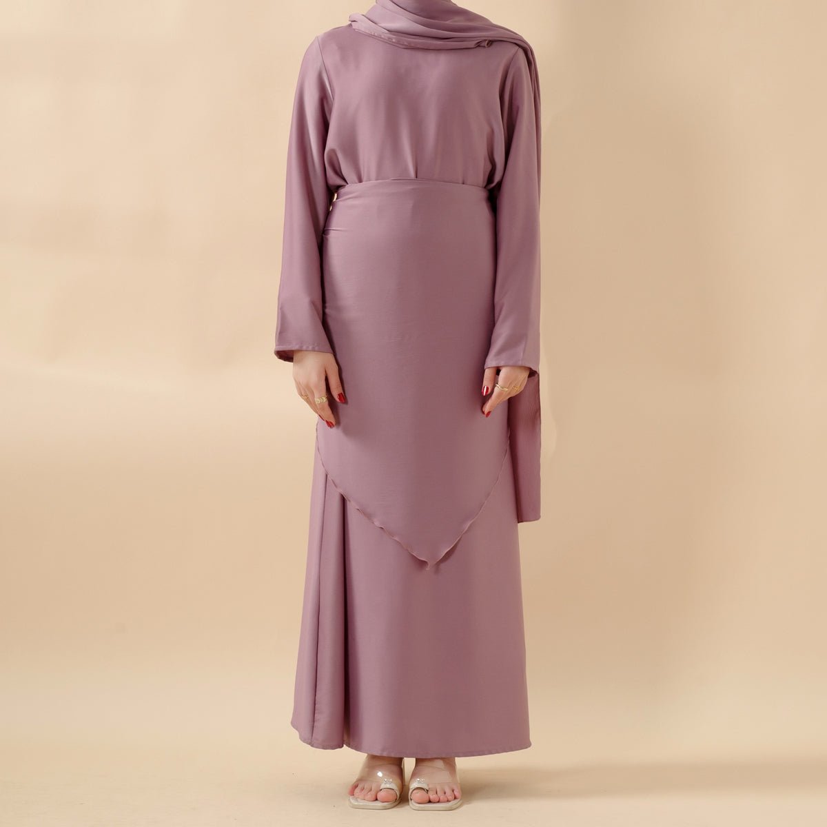 Crepe Satin Ruffle Sleeve Abaya, 5 - Piece Set (MOA033) - Mariam's Collection