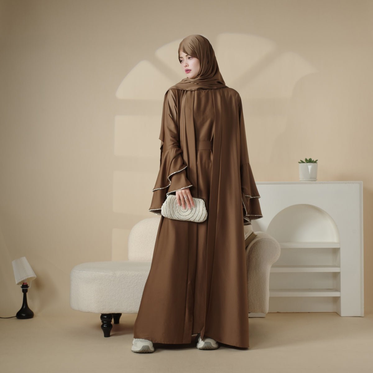 Crepe Satin Ruffle Sleeve Abaya, 5 - Piece Set (MOA033) - Mariam's Collection