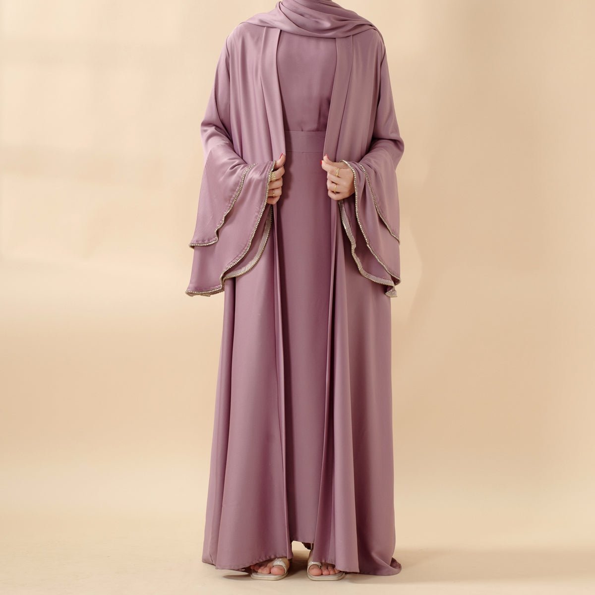 Crepe Satin Ruffle Sleeve Abaya, 5 - Piece Set (MOA033) - Mariam's Collection