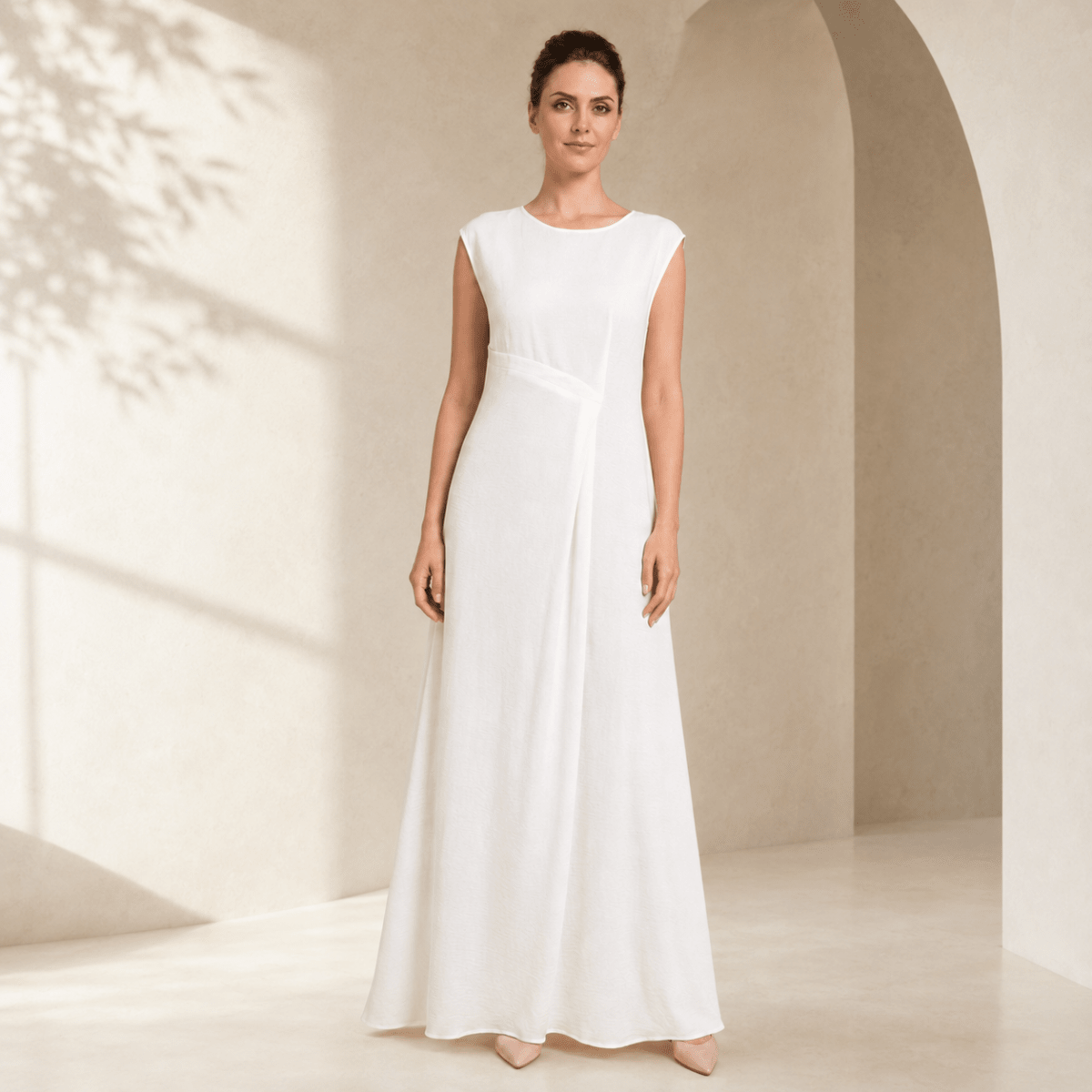 Crepe Sleeveless Maxi Dress with Waist Pleat & Back Zip(MS436) - Mariam's Collection