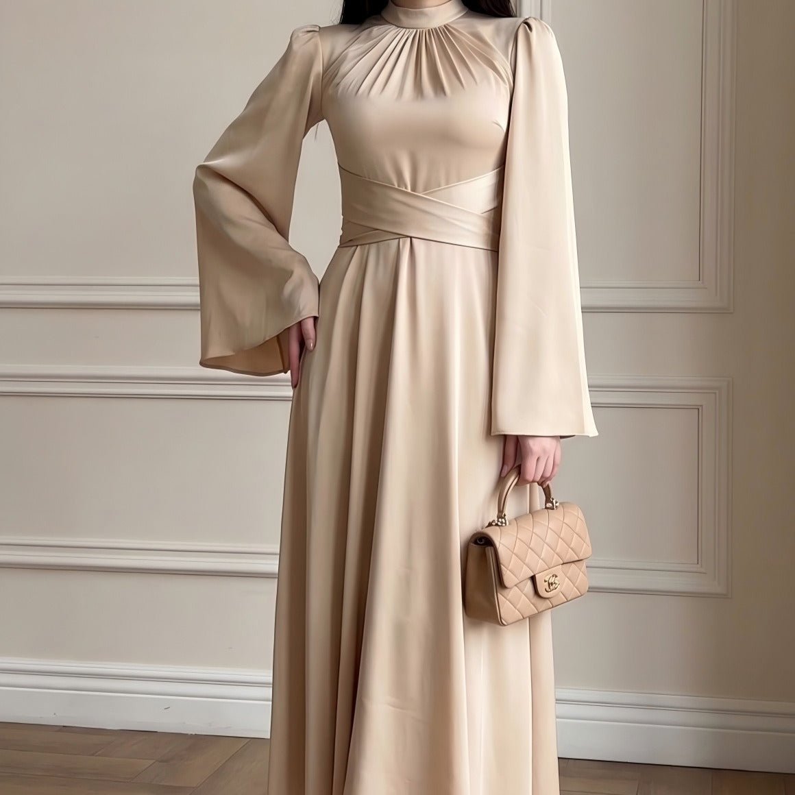 Cross-Wrap Ruched Neck Satin Maxi Dress(MS445) - Mariam's Collection