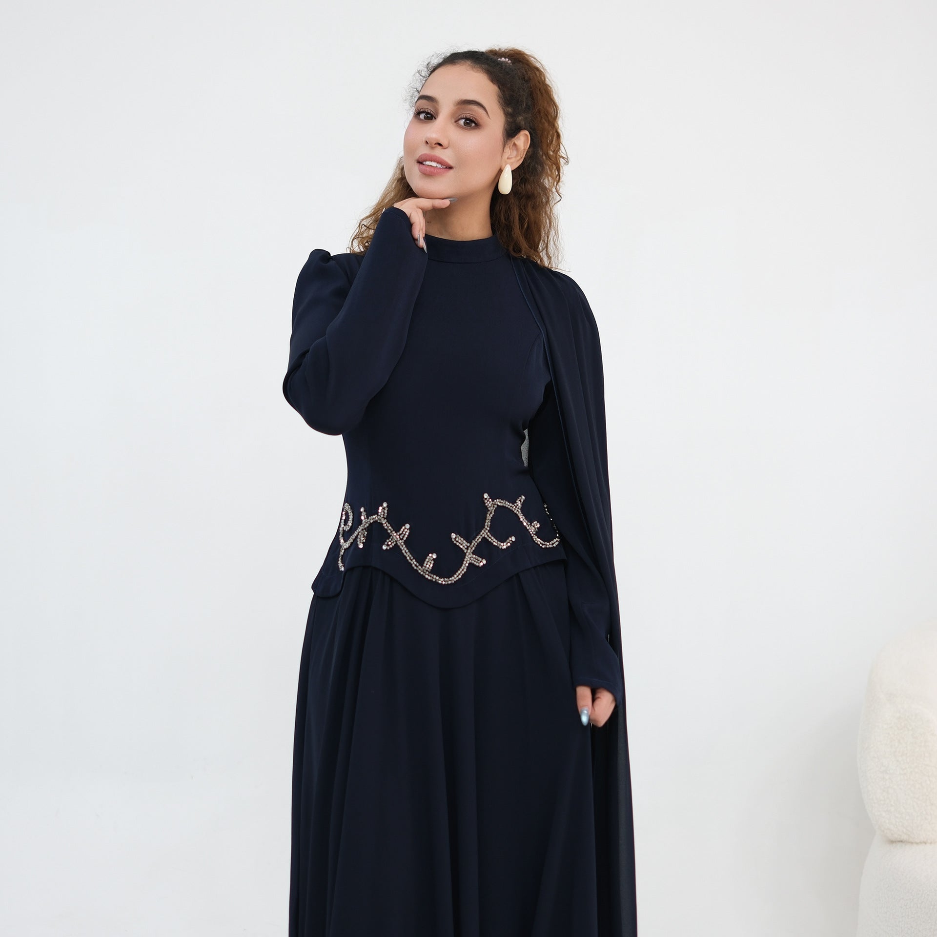 Crystal Beaded Waist Cape Sleeve Maxi Dress(MS499) - Mariam's Collection