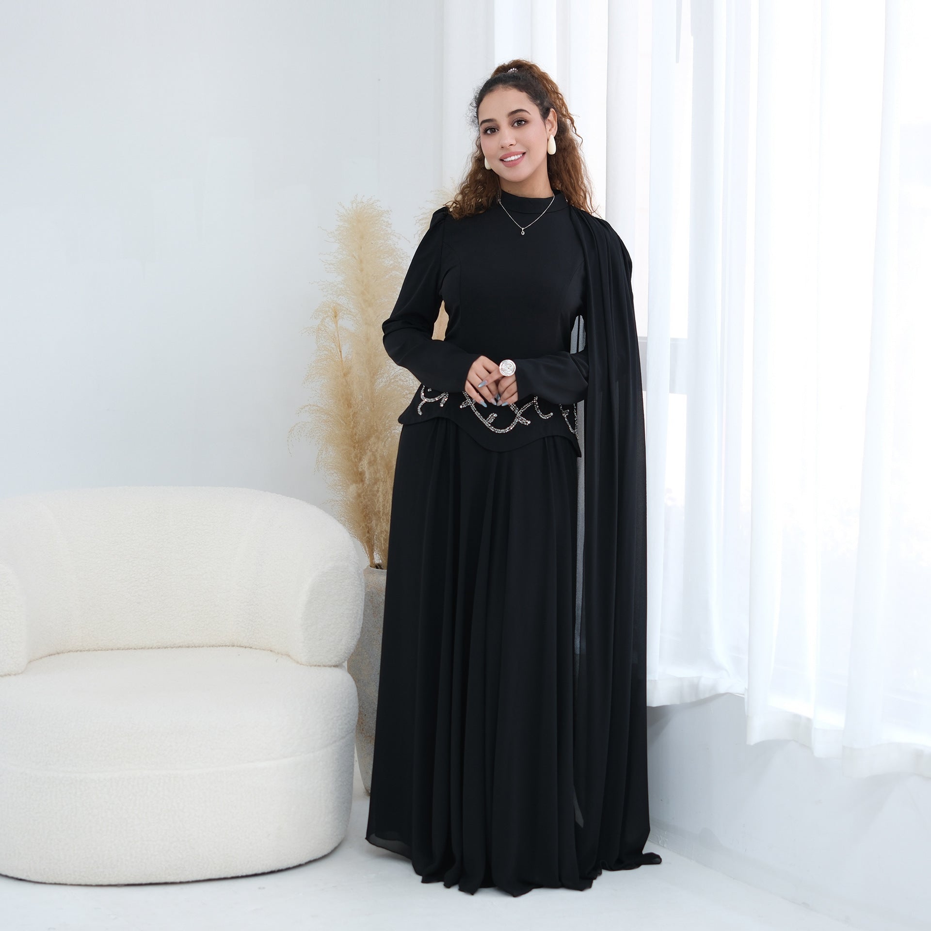 Crystal Beaded Waist Cape Sleeve Maxi Dress(MS499) - Mariam's Collection