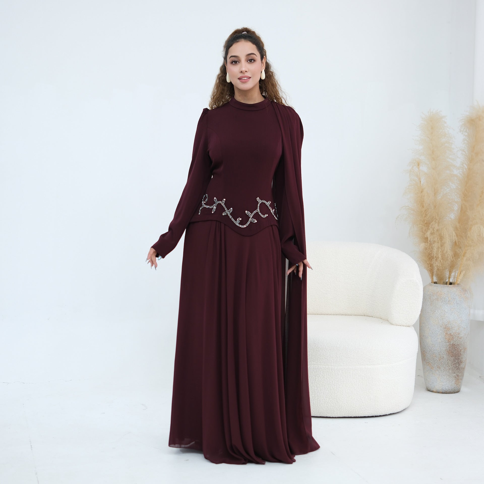 Crystal Beaded Waist Cape Sleeve Maxi Dress(MS499) - Mariam's Collection