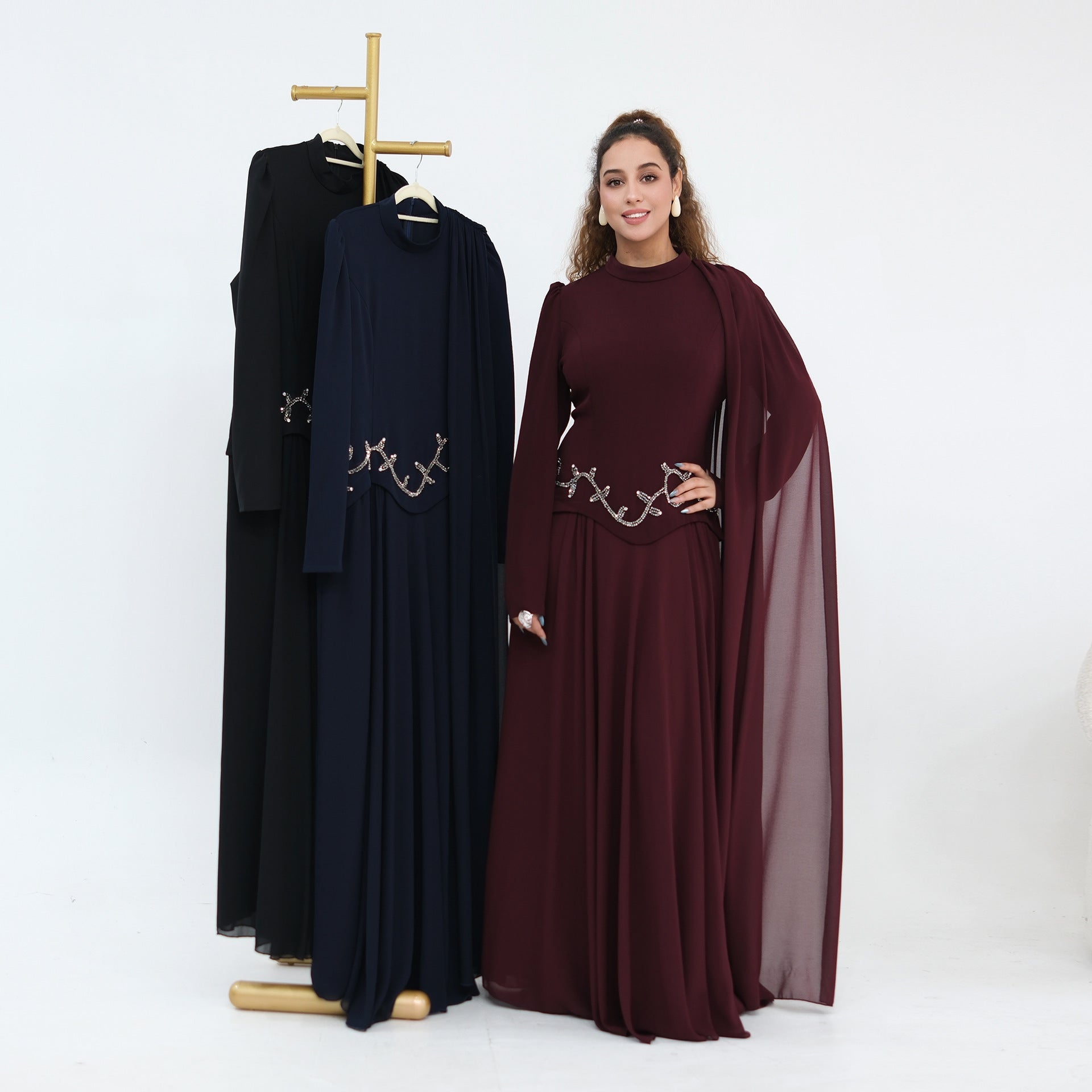 Crystal Beaded Waist Cape Sleeve Maxi Dress(MS499) - Mariam's Collection