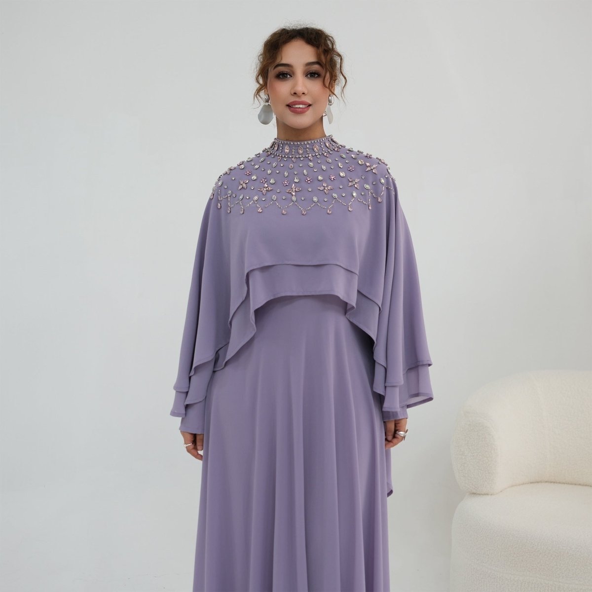 Crystal Embellished Cape Sleeve Chiffon Maxi Dress Set(MS461) - Mariam's Collection