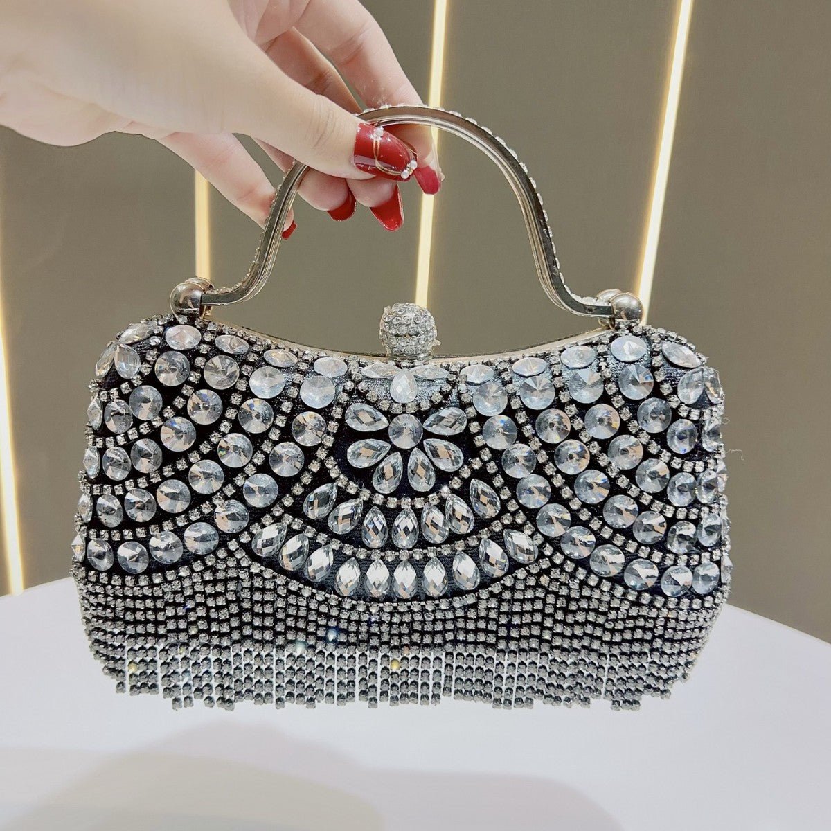 Crystal - Embellished Clutch Bag with Tassels – Versatile Evening Purse for Weddings & Galas (MAC276) - Mariam's Collection