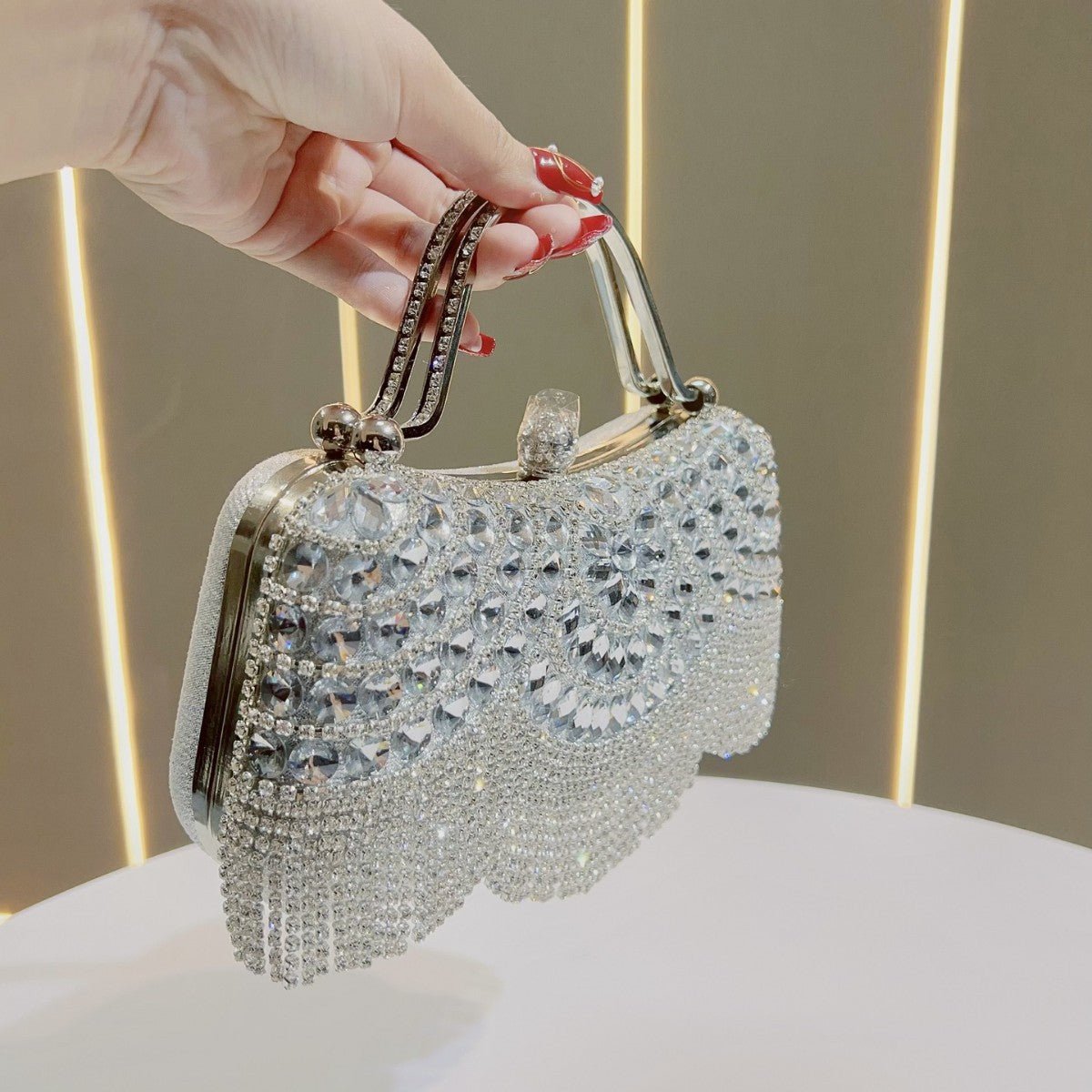 Crystal - Embellished Clutch Bag with Tassels – Versatile Evening Purse for Weddings & Galas (MAC276) - Mariam's Collection