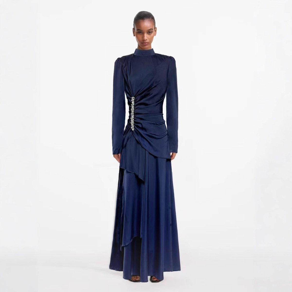 Crystal - Embellished Ruched Dress with Asymmetric Ruffle Skirt(MS346) - Mariam's Collection