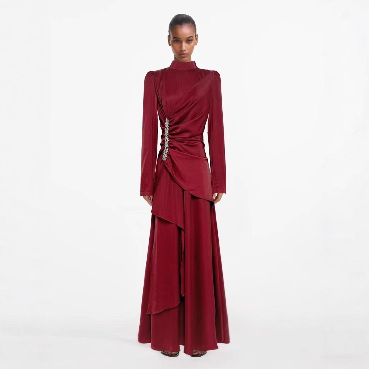 Crystal - Embellished Ruched Dress with Asymmetric Ruffle Skirt(MS346) - Mariam's Collection