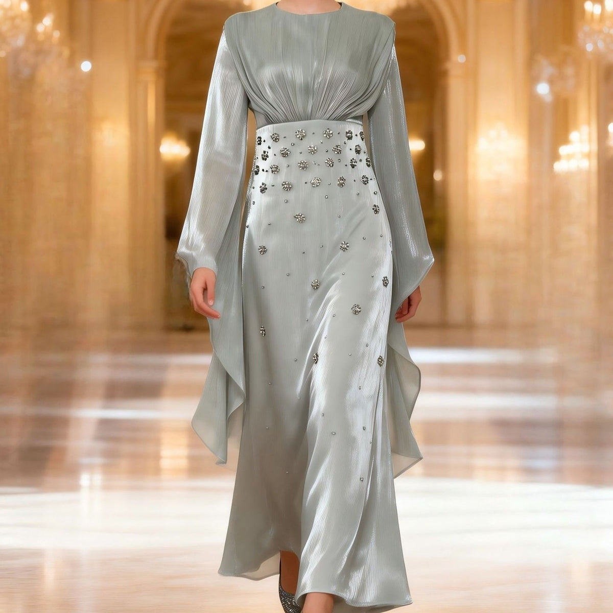 Crystal Embellished Shimmer Satin Maxi Dress(MS541) - Mariam's Collection