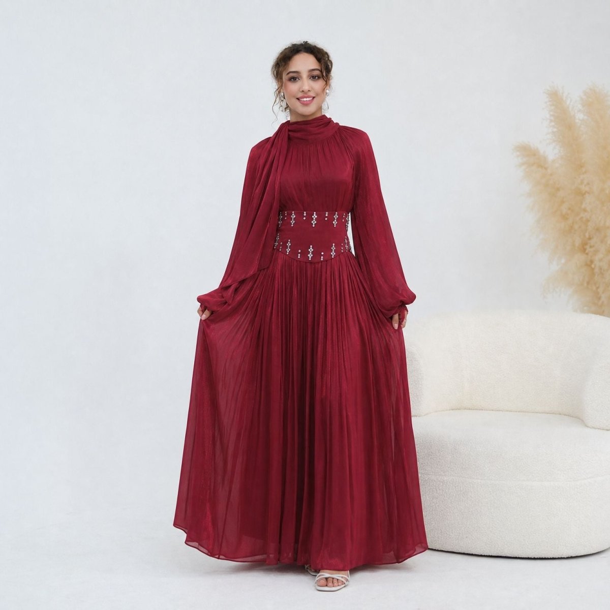 Crystal-Embellished Wide Belt Puff-Sleeve Maxi Dress(MS477) - Mariam's Collection