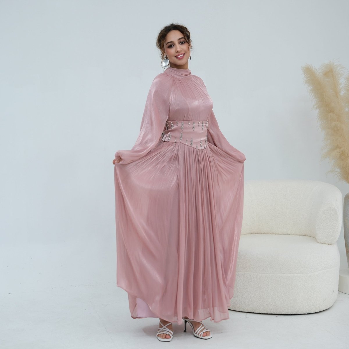 Crystal-Embellished Wide Belt Puff-Sleeve Maxi Dress(MS477) - Mariam's Collection
