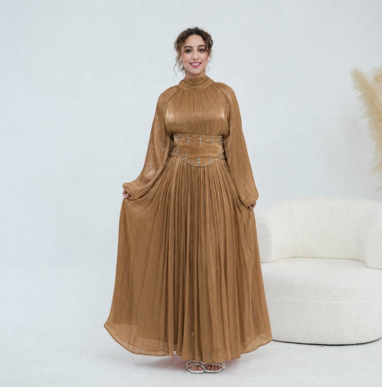 Crystal-Embellished Wide Belt Puff-Sleeve Maxi Dress(MS477) - Mariam's Collection