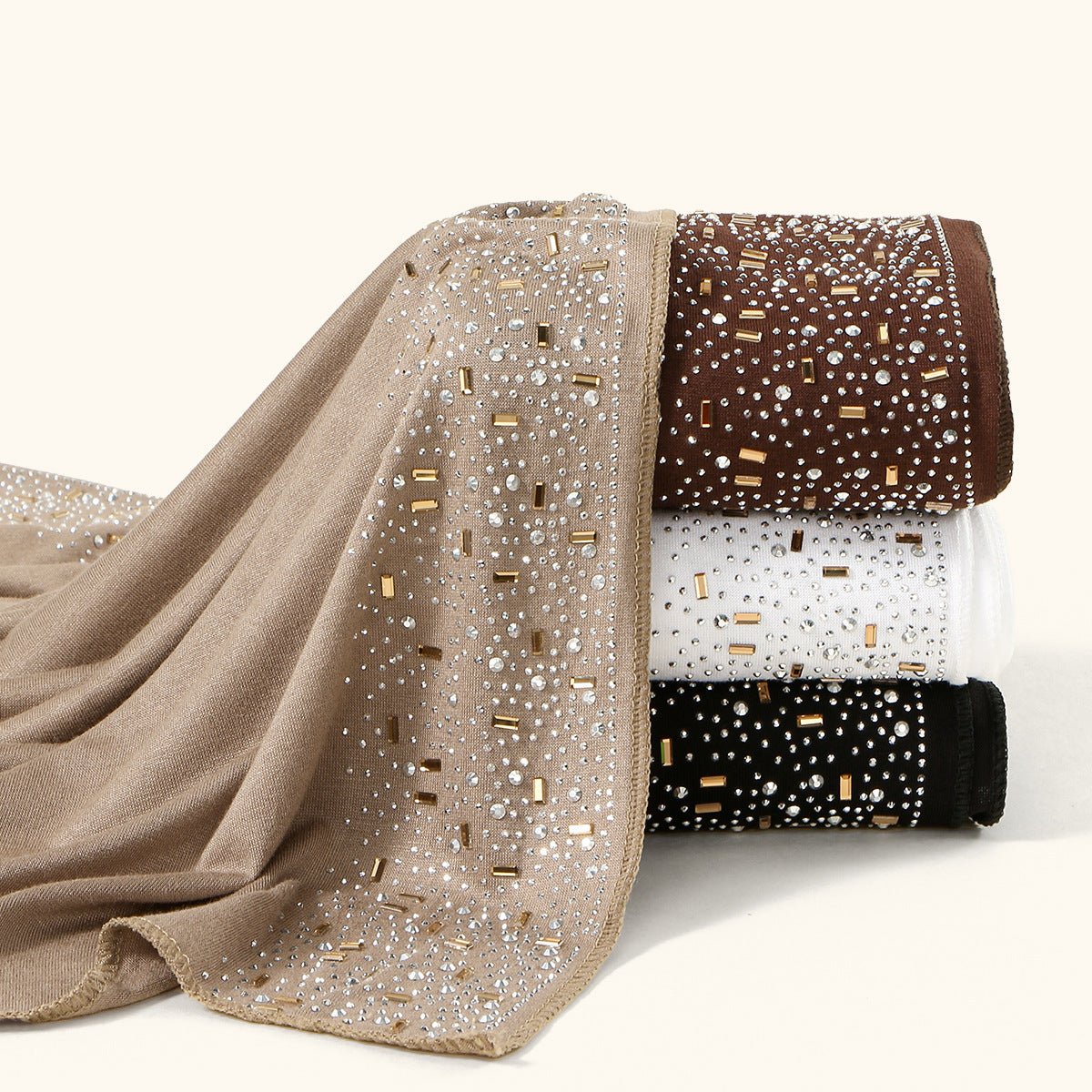 Crystal & Gold Baguette Rhinestone Hijab – Embellished Scarf
