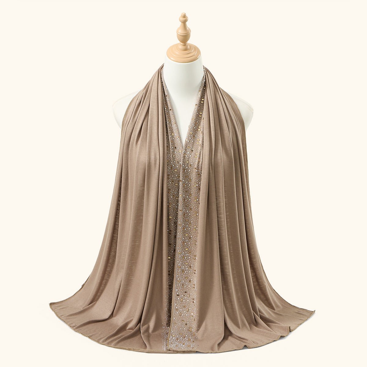 Draped view of rhinestone hijab scarf showing lightweight fabric and easy fold