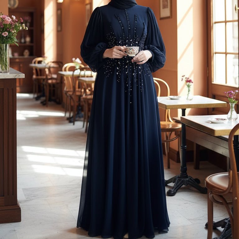 Crystal Hand - Embellished Chiffon Evening Abaya(MA356) - Mariam's Collection