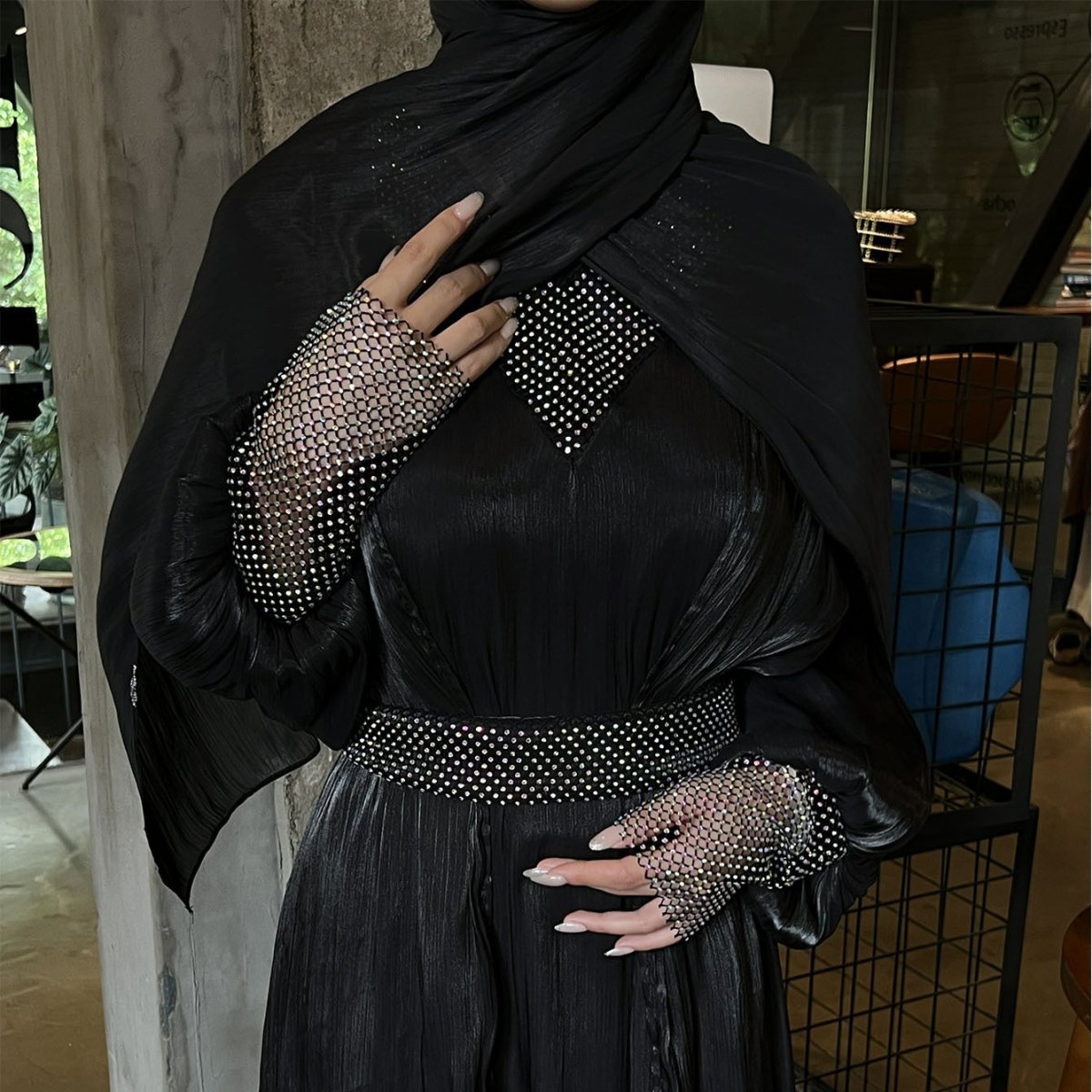 Crystal Mesh Embellished Abaya Set(MOA258) - Mariam's Collection