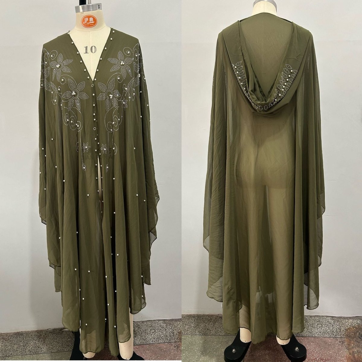 Crystal & Pearl Embellished Hooded Cape Abaya(MA366) - Mariam's Collection