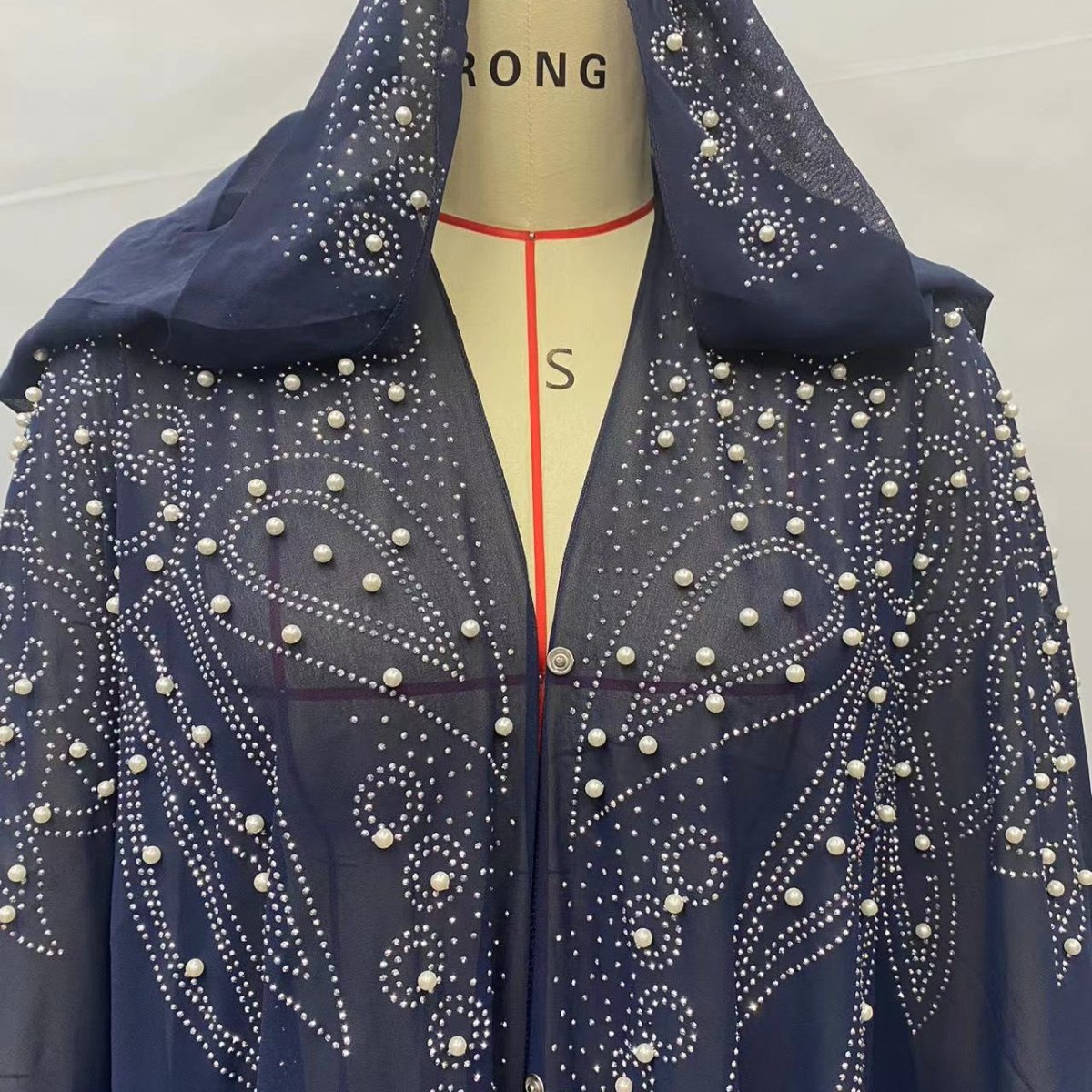 Crystal & Pearl Embellished Hooded Cape Abaya(MA366) - Mariam's Collection