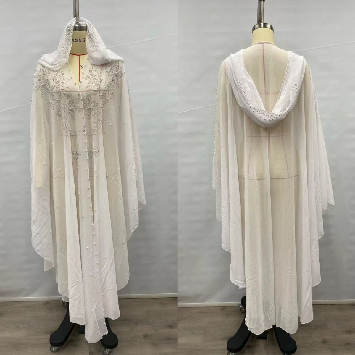 Crystal & Pearl Embellished Hooded Cape Abaya(MA366) - Mariam's Collection